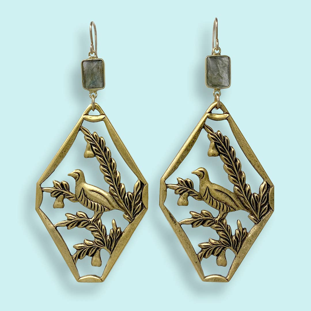 Labradorite, Pheasant & Fauna Gold Earrings