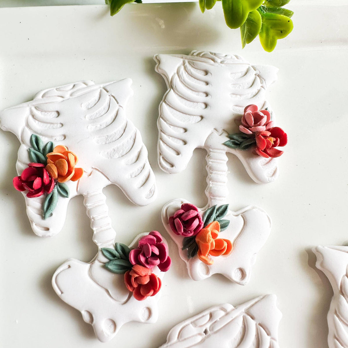 Floral Skeleton Clay Dangle Statement Earrings-thumbmail-1