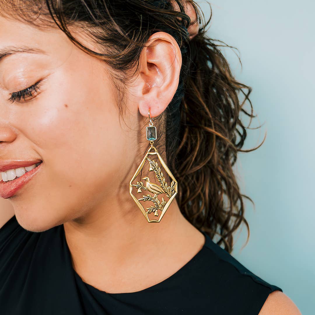 Labradorite, Pheasant & Fauna Gold Earrings