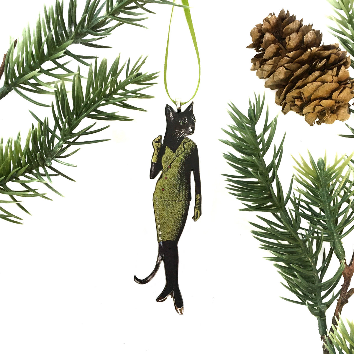 Retro Cat in Avocado Dress Christmas Ornament-thumbmail-1